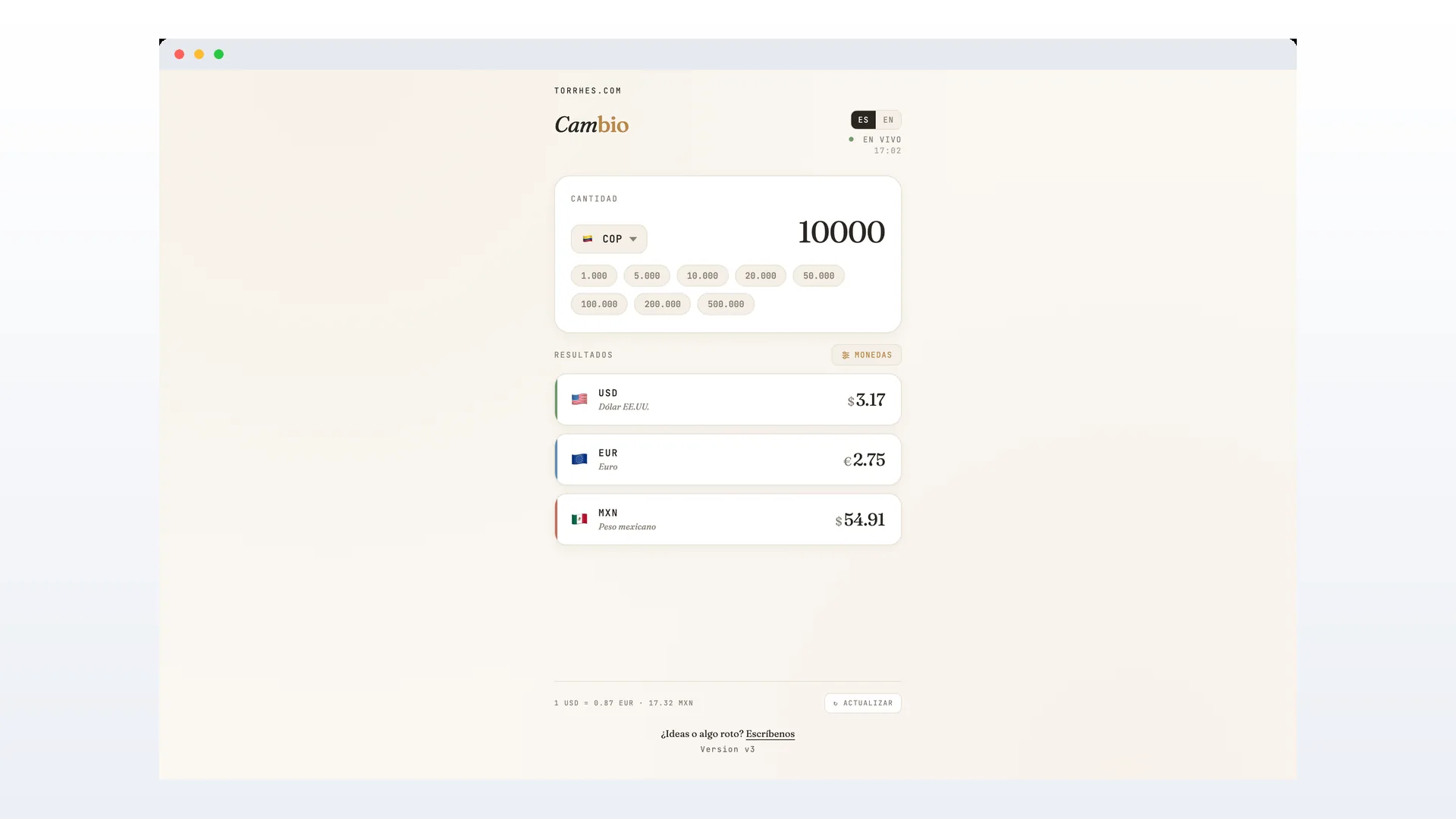 Cambio en el navegador: conversión de pesos con importes rápidos y tipos por moneda